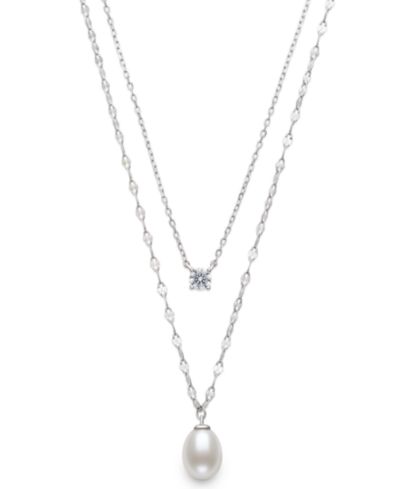 Belle de Mer Cultured Freshwater White Drop Pearl (8-9mm) and Lab Created Sapphire Necklace in Sterling Silver