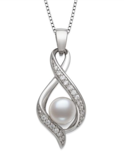 Belle de Mer Freshwater Button Pearl (6-7mm) and Lab Created Sapphire Necklace in Sterling Silver