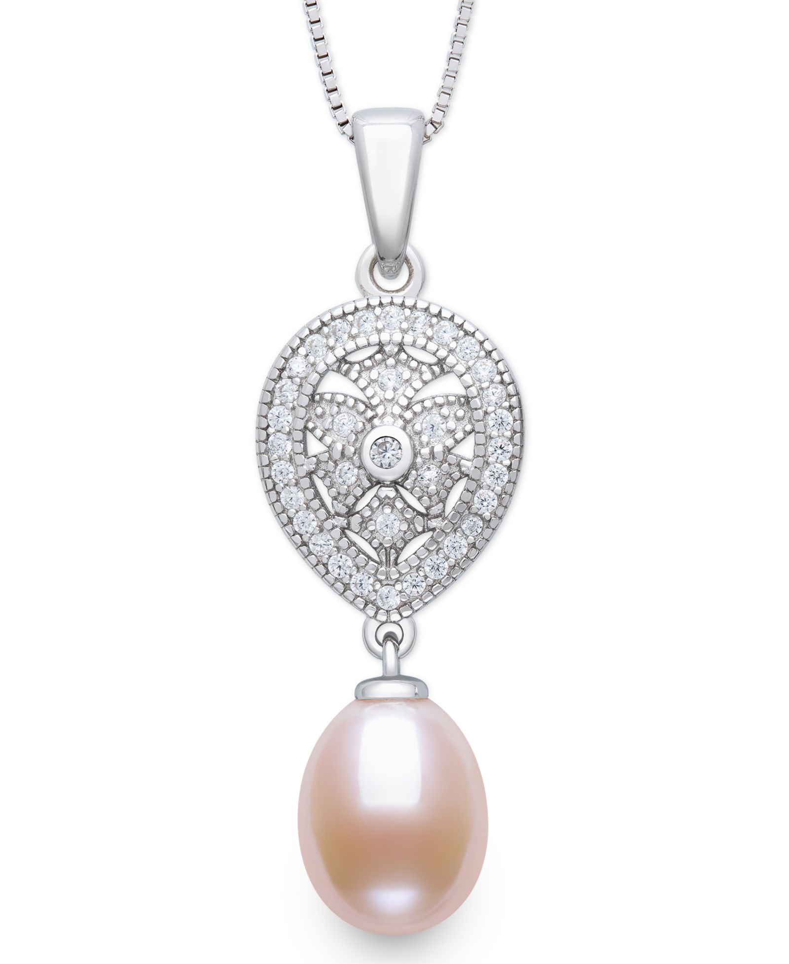 Ожерелье Belle de Mer Cultured Freshwater Blush Pink Drop Pearl (8-9mm) and Lab Created Sapphire in Sterling Silver