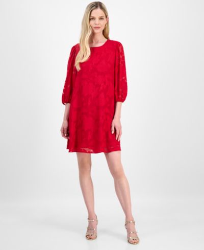 Robbie Bee Petite Floral Burnout Blouson-Sleeve Shift Dress