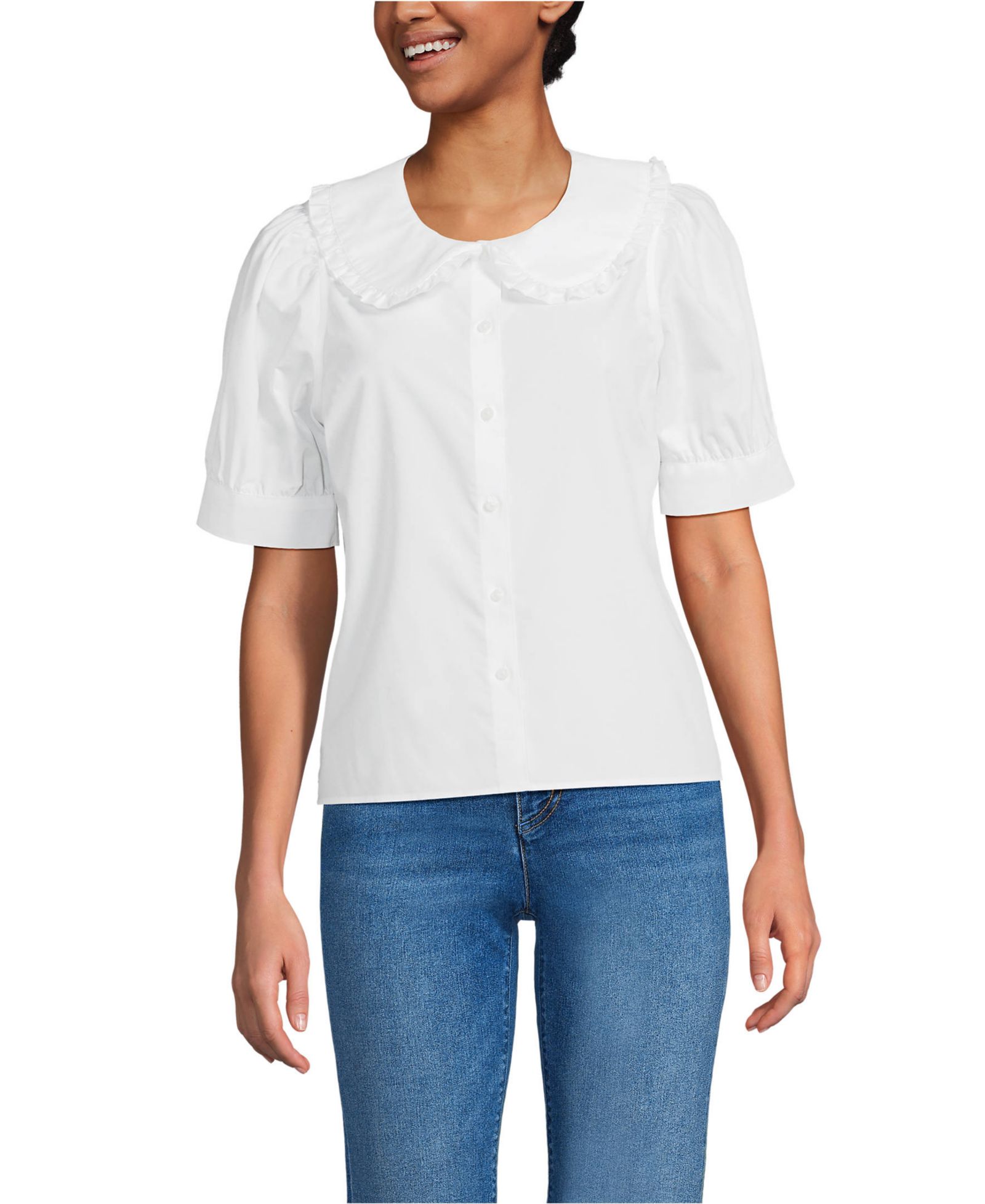 Женская хлопковая рубашка Lands' End Puff Sleeve Statement Collar