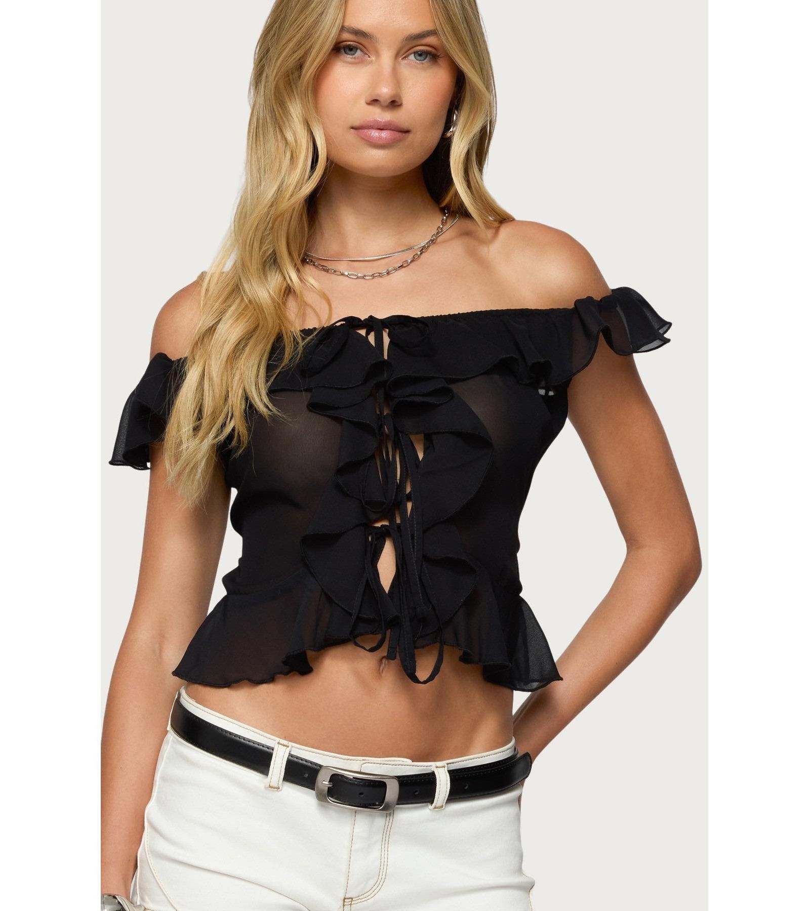 Edikted Women's Sheer Chiffon Ruffled Off Shoulder Top