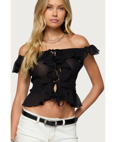 Edikted Women's Sheer Chiffon Ruffled Off Shoulder Top
