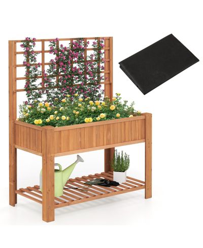 Gymax Raised Garden Bed w/ Trellis Wooden Elevated Planter Box w/ Legs and Liner