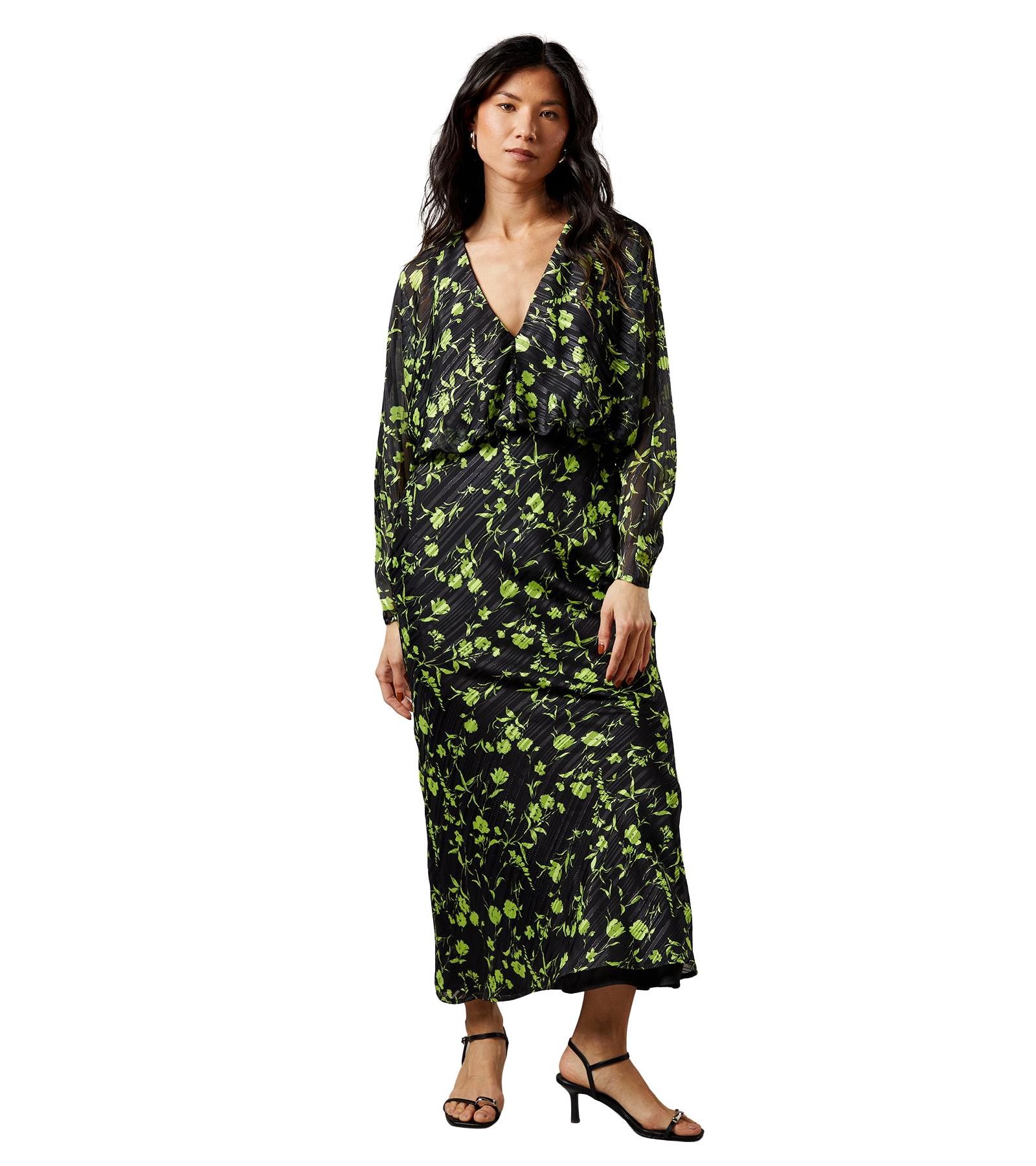 Warehouse Women's Shadow Stripe Floral Batwing Midi Dress