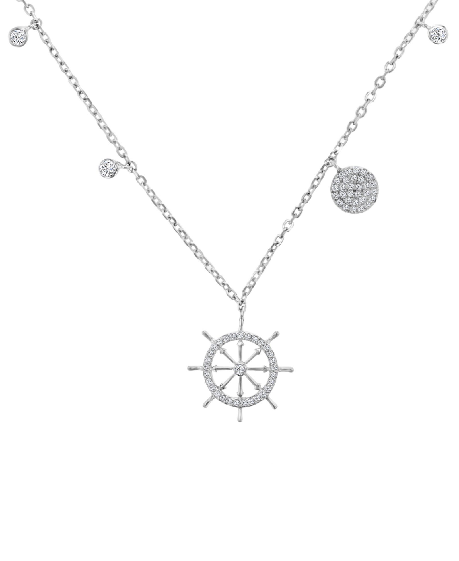 Cubic Zirconia Ship Wheel 18" Pendant Necklace in Sterling Silver