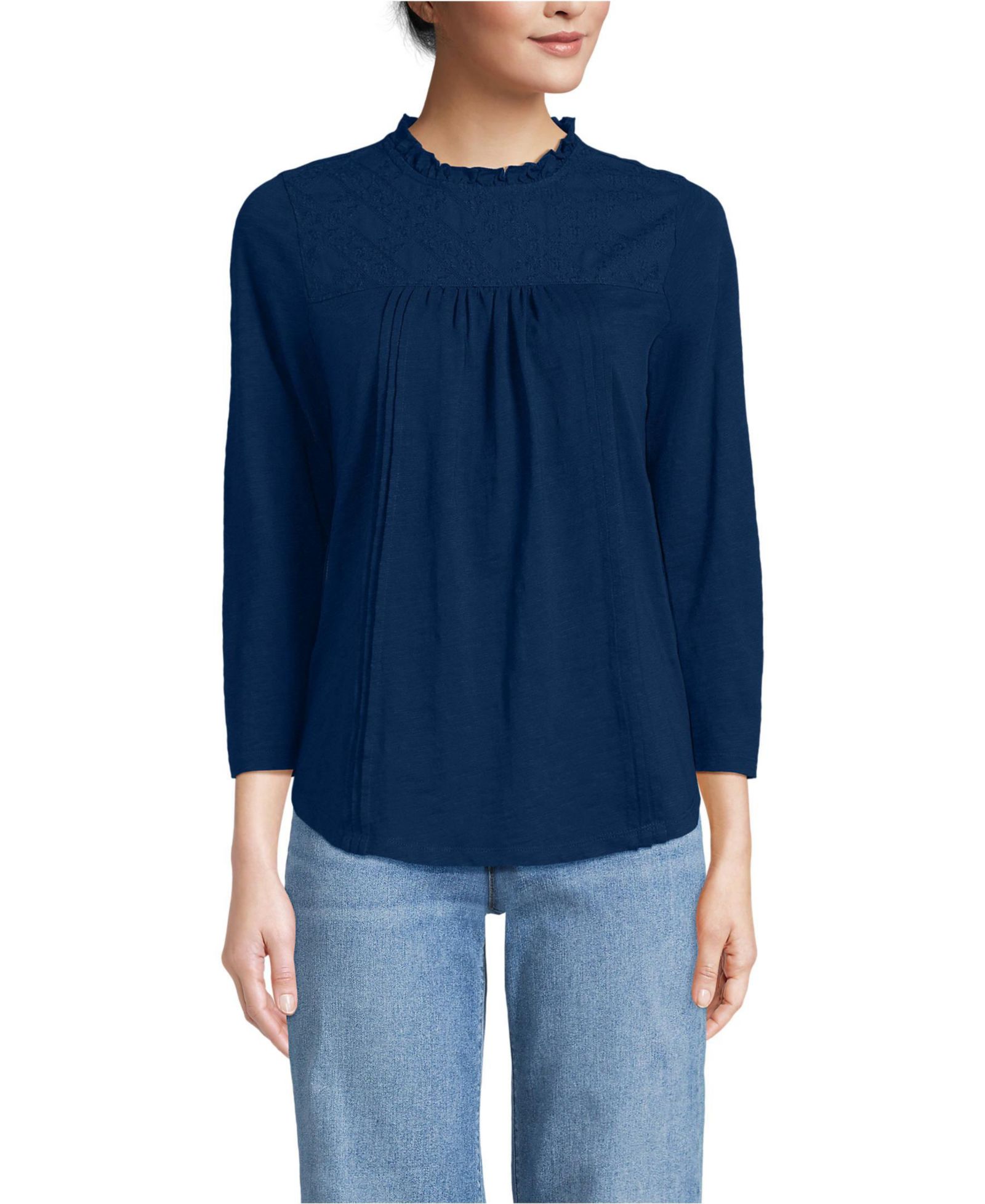 Lands' End Women's 3/4 Sleeve Cotton Slub Lace Trim Top