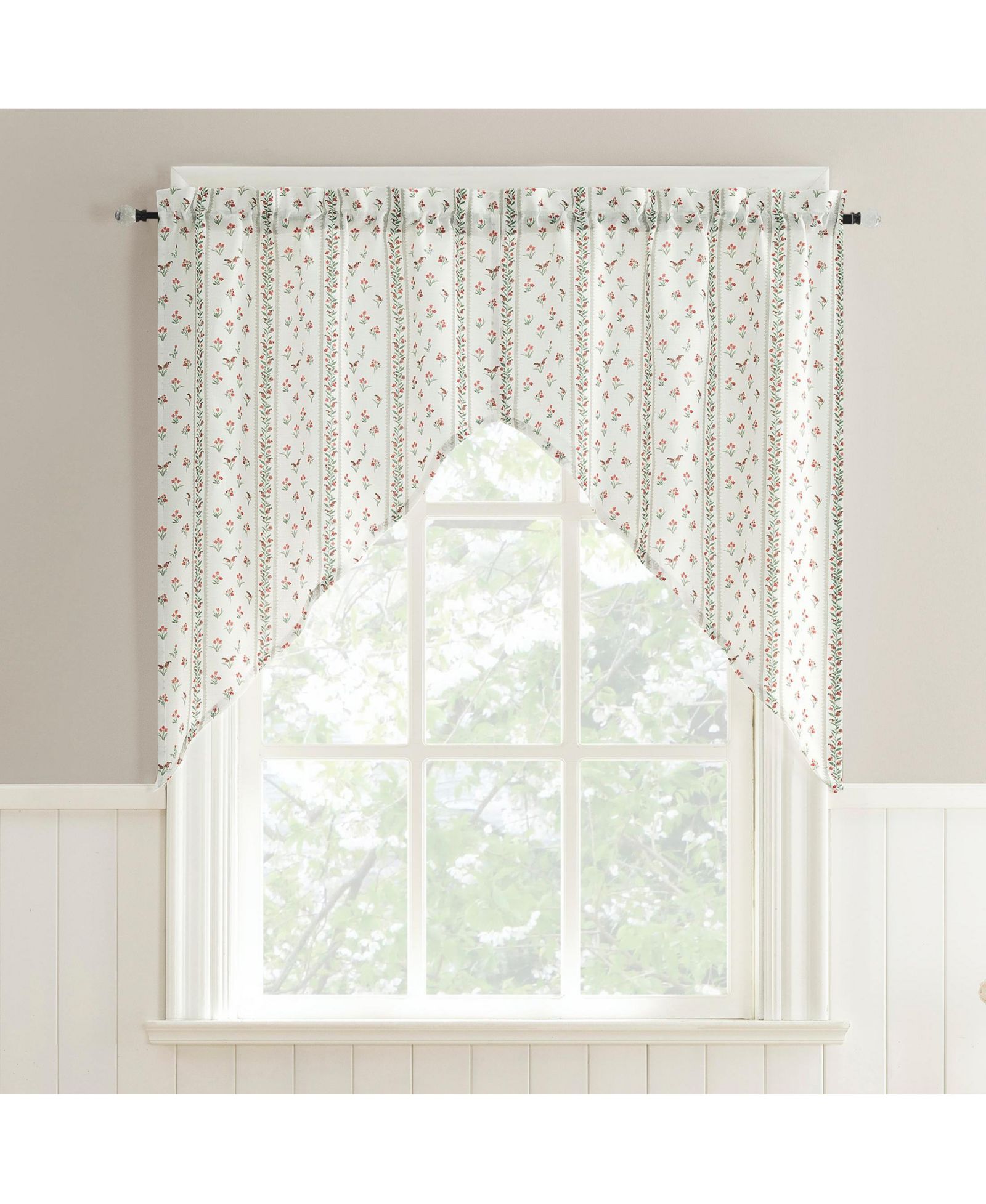 No. 918 Ridgewood Ditsy Floral Stripe Semi-Sheer Rod Pocket Kitchen Curtain Swag Pair