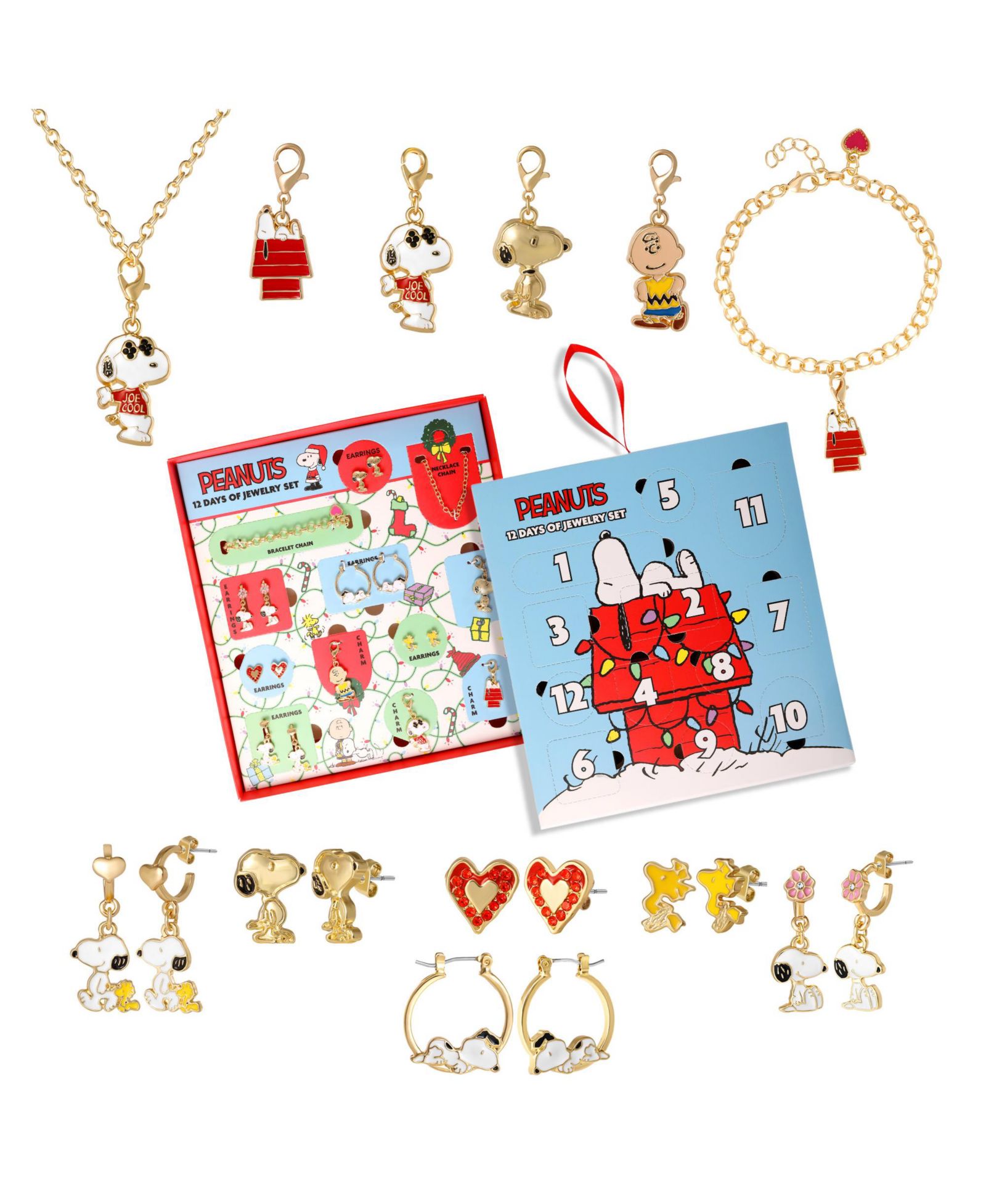Peanuts Snoopy Jewelry Advent Gift Set: Necklace, Bracelet and Charms Mix and Match Christmas Calendar Box Collection