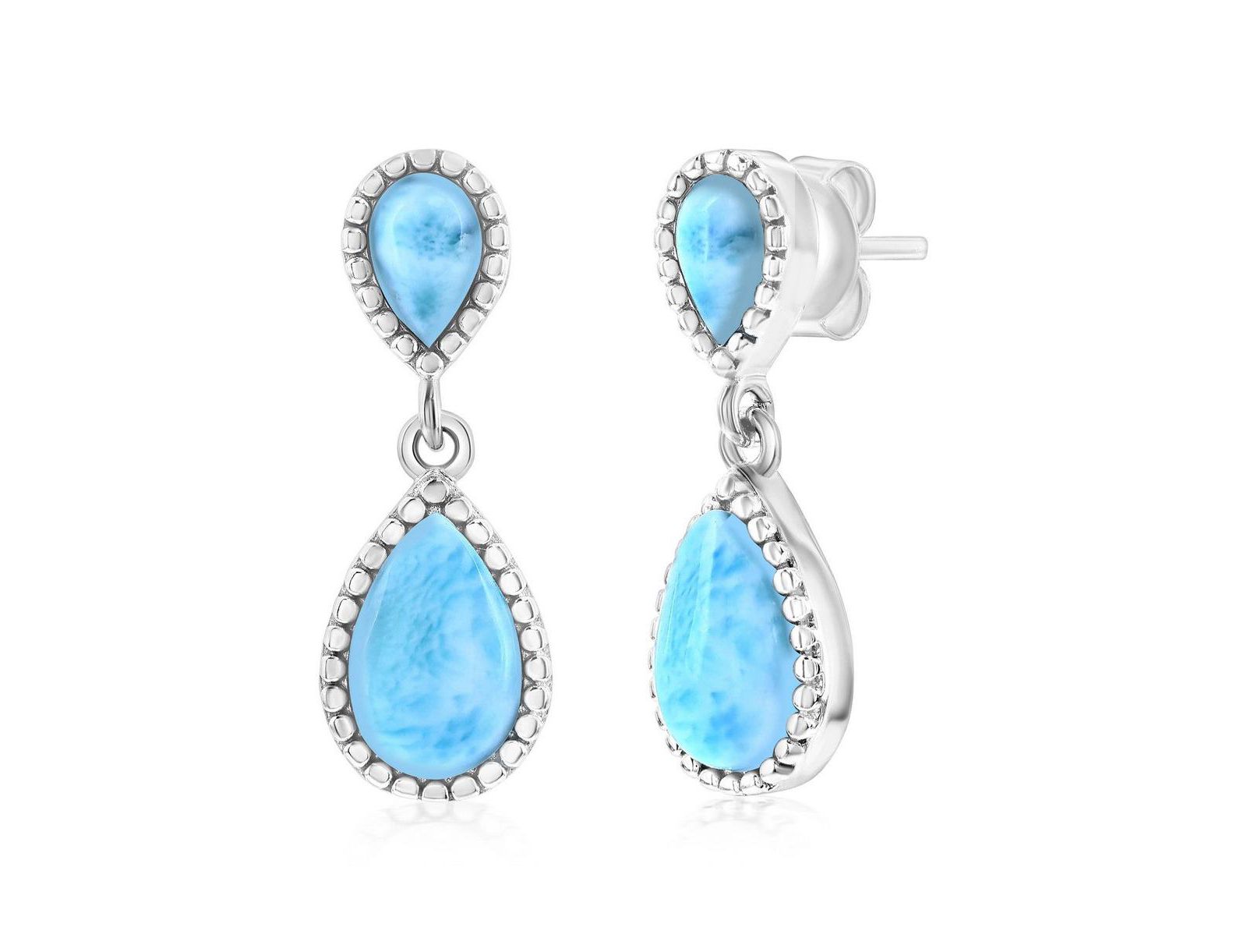 Серьги Sterling, двойной ларимар в форме груши с бисерной окантовкой