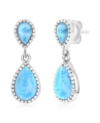 Серьги Sterling, двойной ларимар в форме груши с бисерной окантовкой