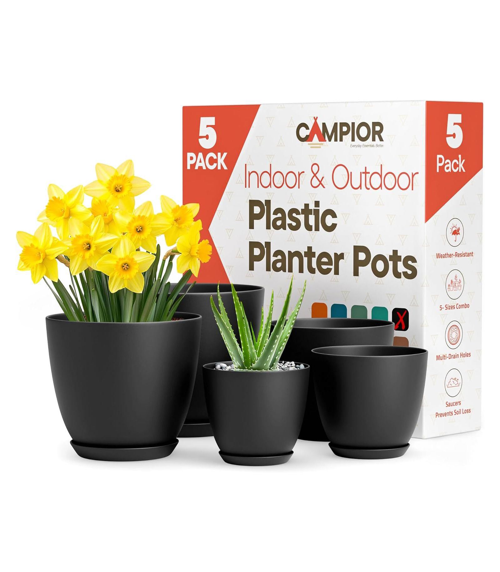 Campior набор из 5 пластиковых цветочных горшков с дренажем, розовые, 7", 6.6", 6", 5.3", 4.8"