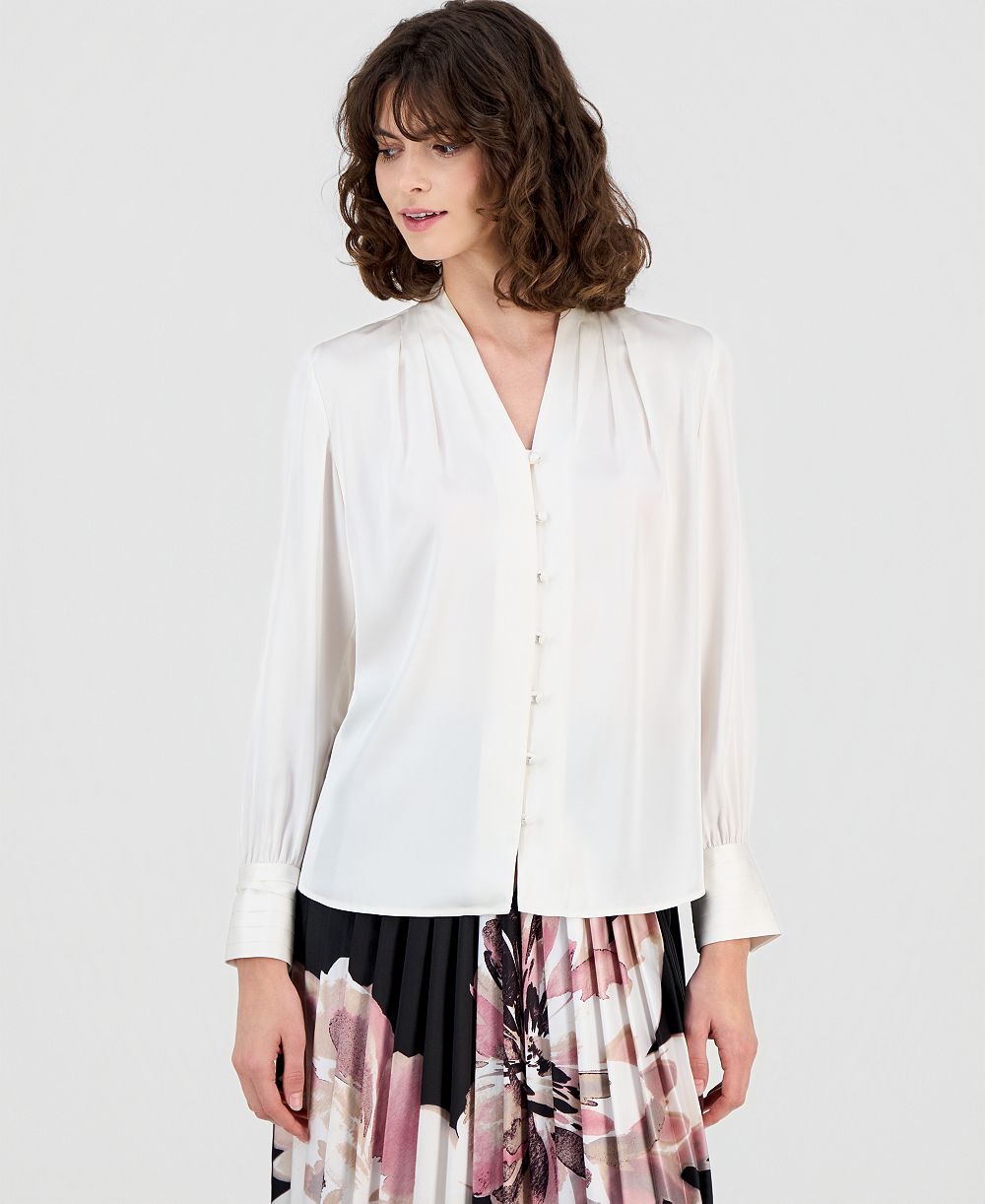 Anne Klein Women's V-Neck Button-Front Blouse
