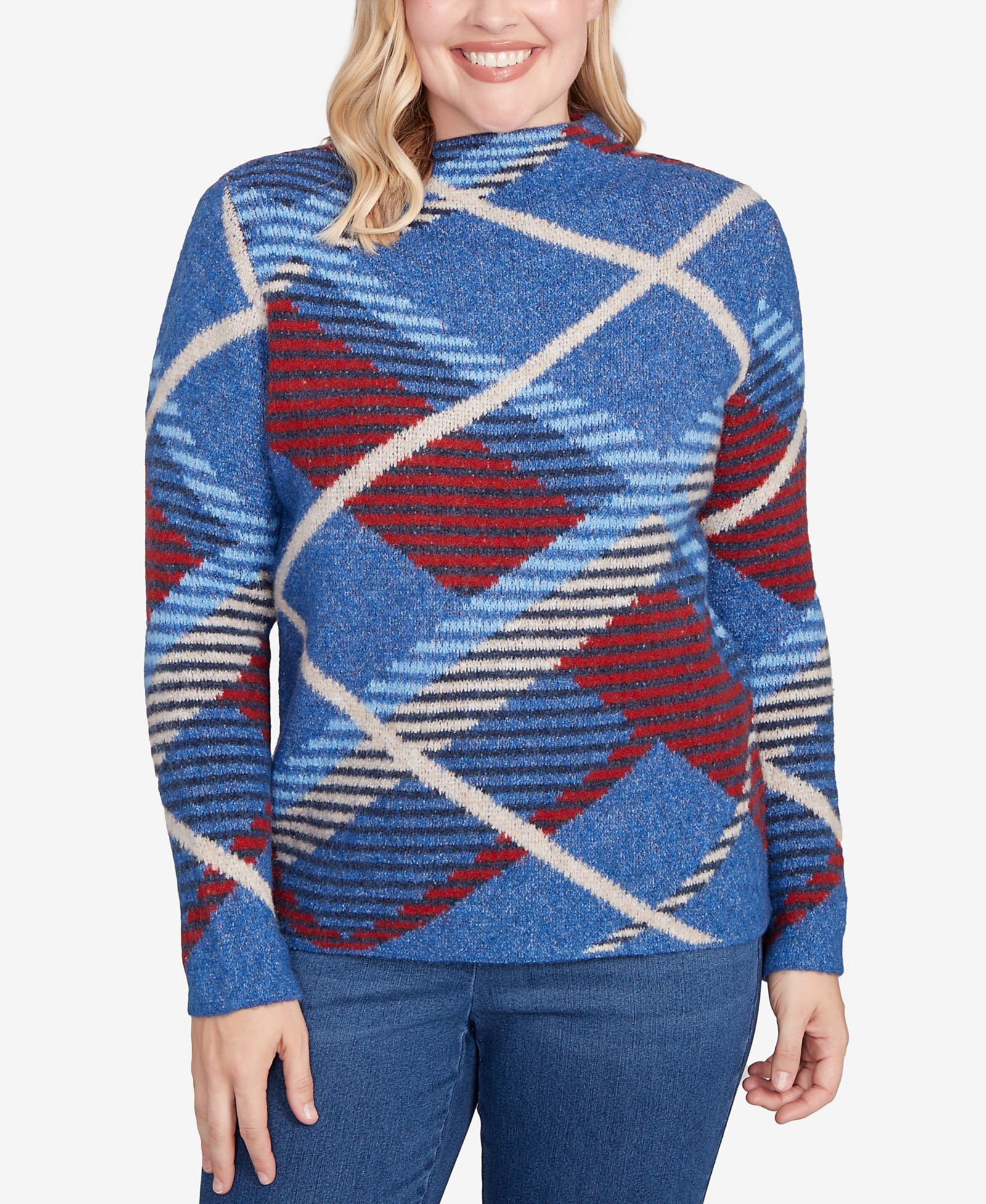 Свитер Alfred Dunner Petite Sunset Canyon Exploded Plaid с воротником-стойкой