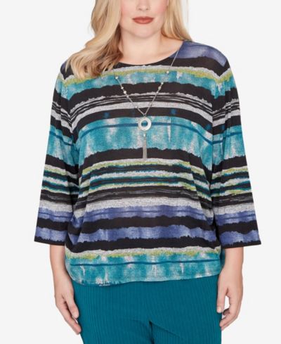 Alfred Dunner Petite Lake Champlain Biadere Melange Stripe Top With Necklace