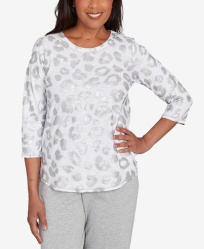 Alfred Dunner Petite Casual Vibe Monotone Crew Neck Animal Top