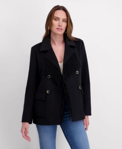 Kensie Women's Double Breasted Patch Pocket Wool Jacket with Fringe