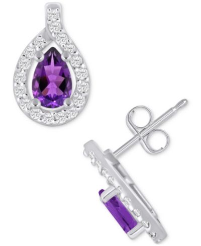 Серьги-пусеты с аметистом (3/4 ct. t.w.) и бриллиантом (1/4 ct. t.w.) в оправе Halo из белого золота 10k