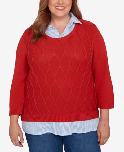 Alfred Dunner Plus Size Sunset Canyon Stitched Cable Stripe Woven Trim Sweater
