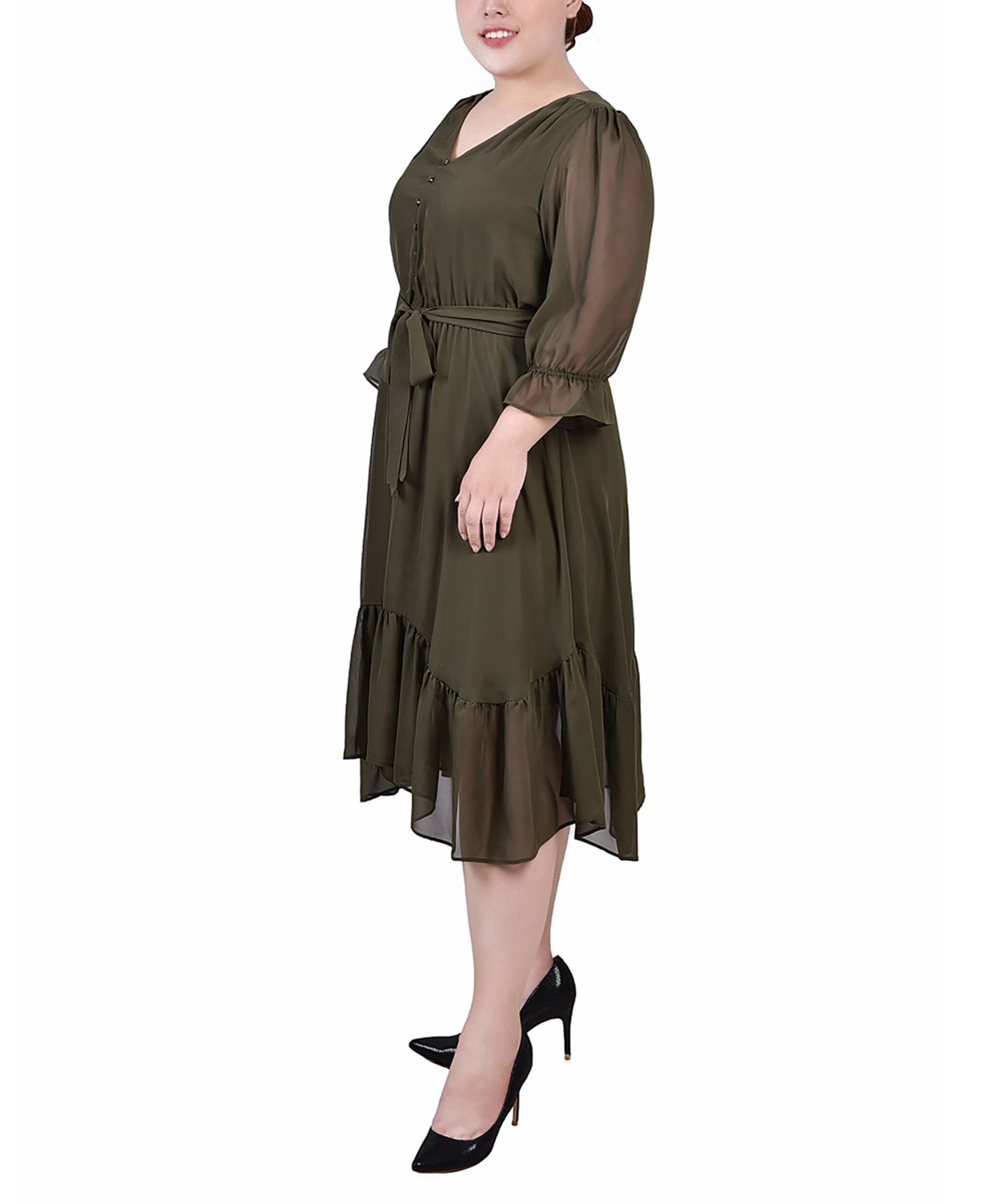 NY Collection Plus Size 3/4 Sleeve V-Neck Flounced Dress