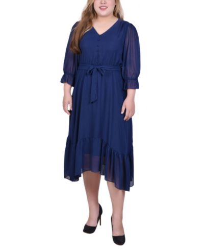NY Collection Plus Size 3/4 Sleeve V-Neck Flounced Dress
