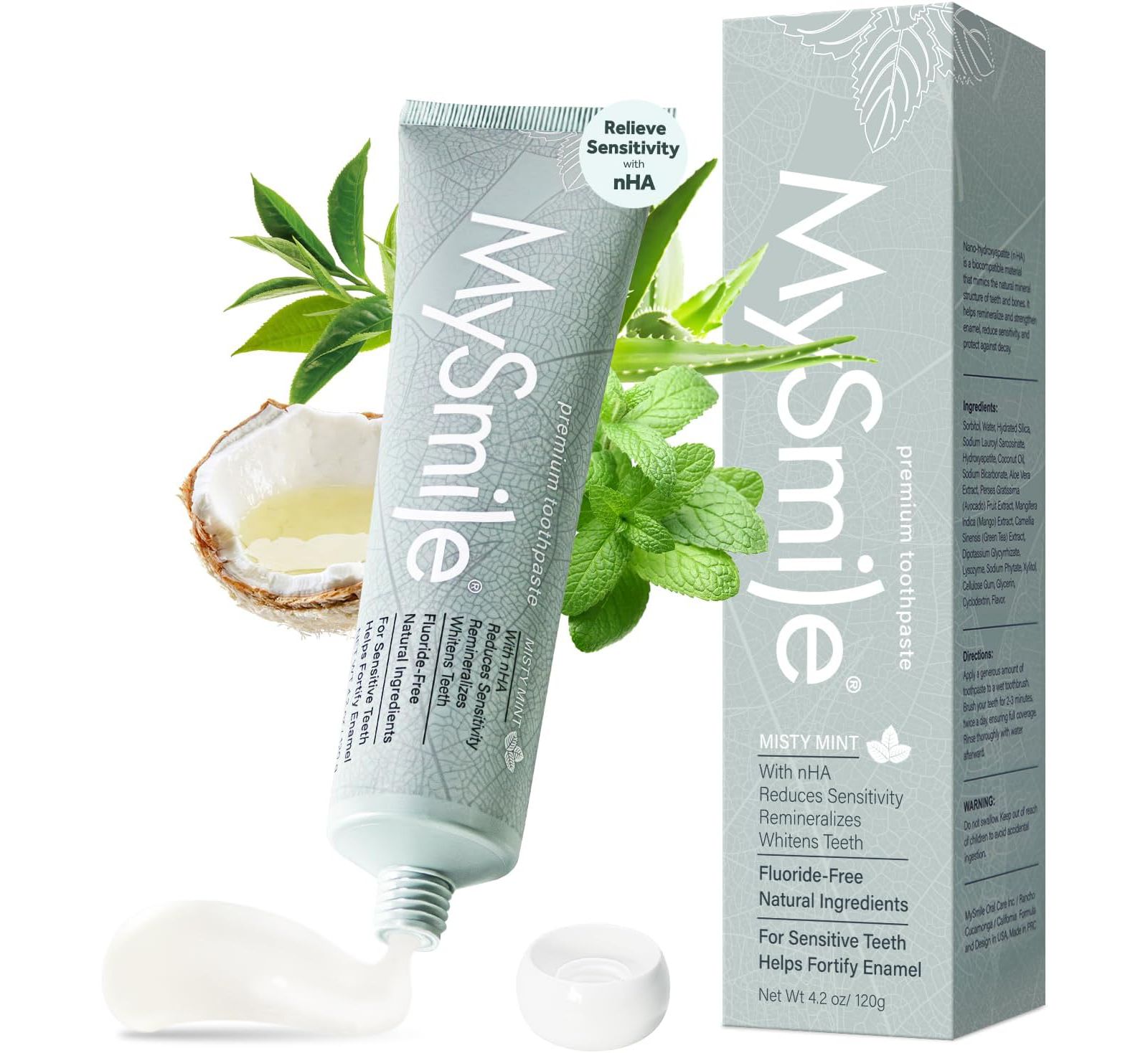 MySmile Nano-Hydroxyapatite Toothpaste for Sensitive Teeth - Supports Enamel Health, Fluoride Free Natural Toothpaste for Adults, Misty Mint, 4.2 oz