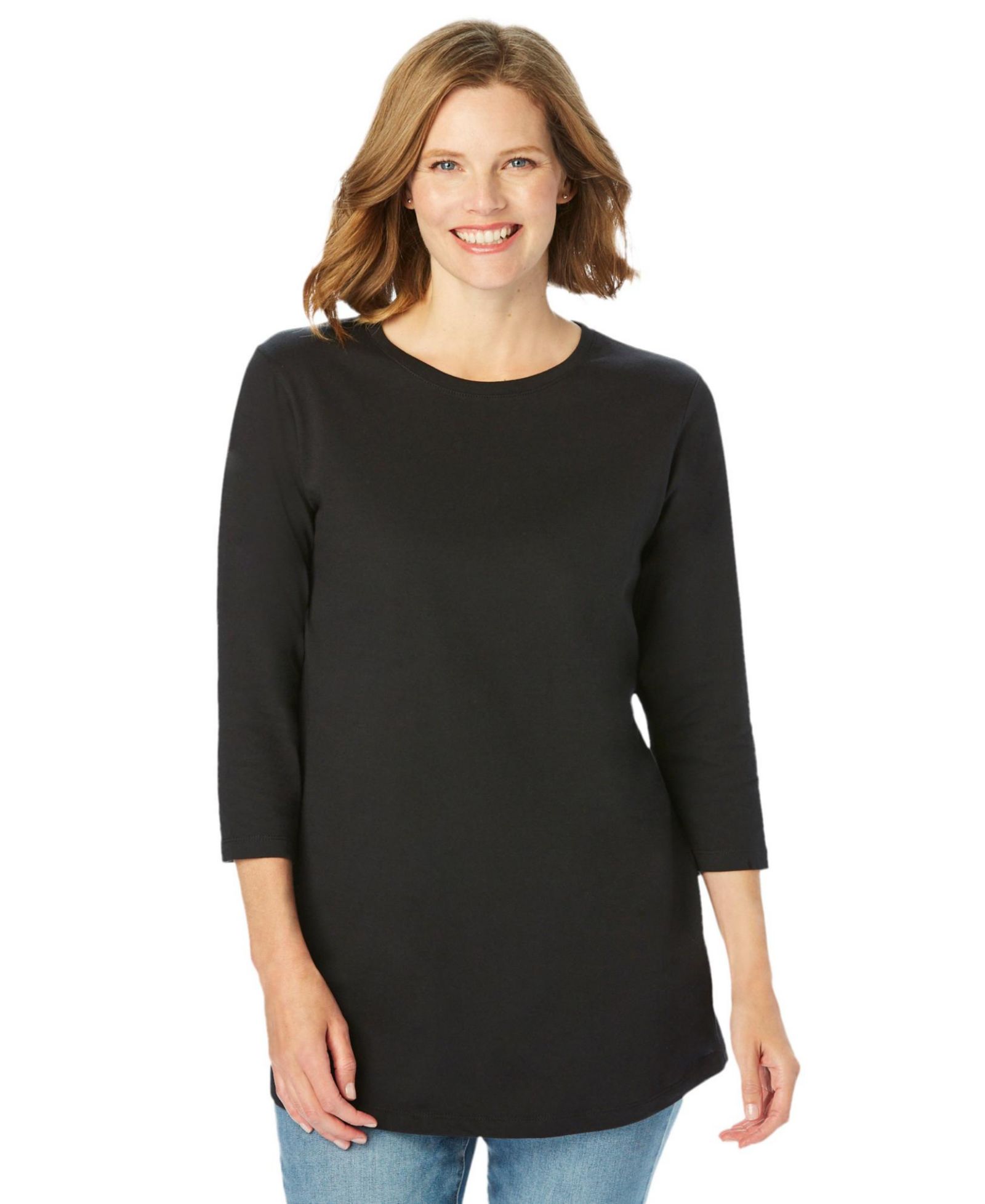 Woman Within Plus Size Perfect Three-Quarter Sleeve Crewneck Tee