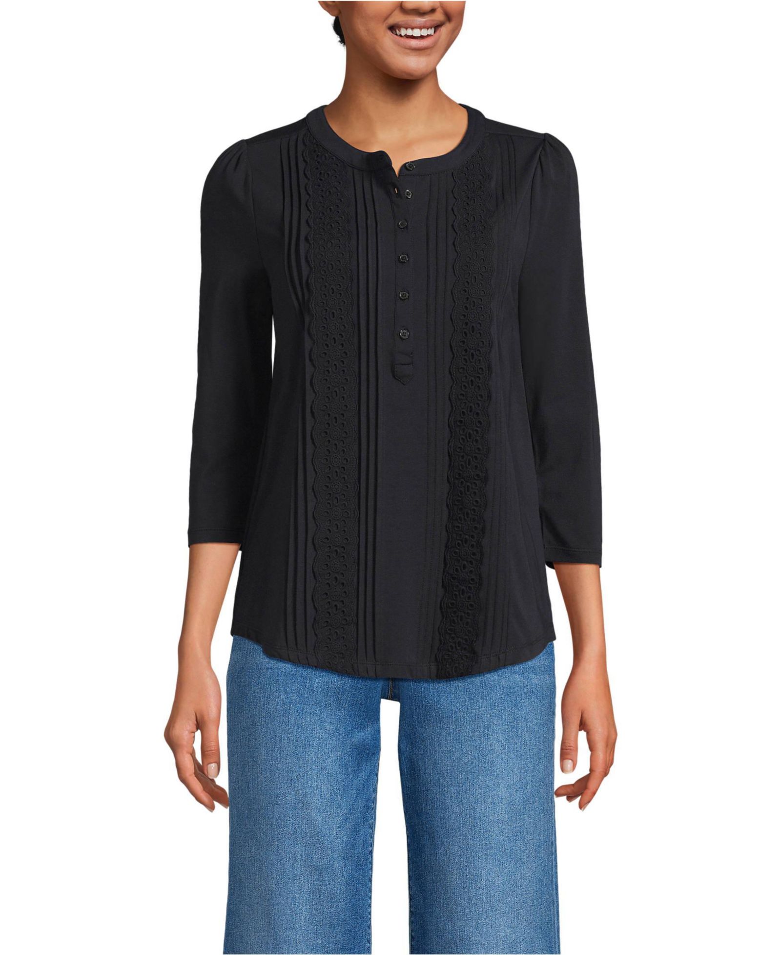 Lands' End Women's 3/4 Sleeve Lightweight Jersey Embellished Top