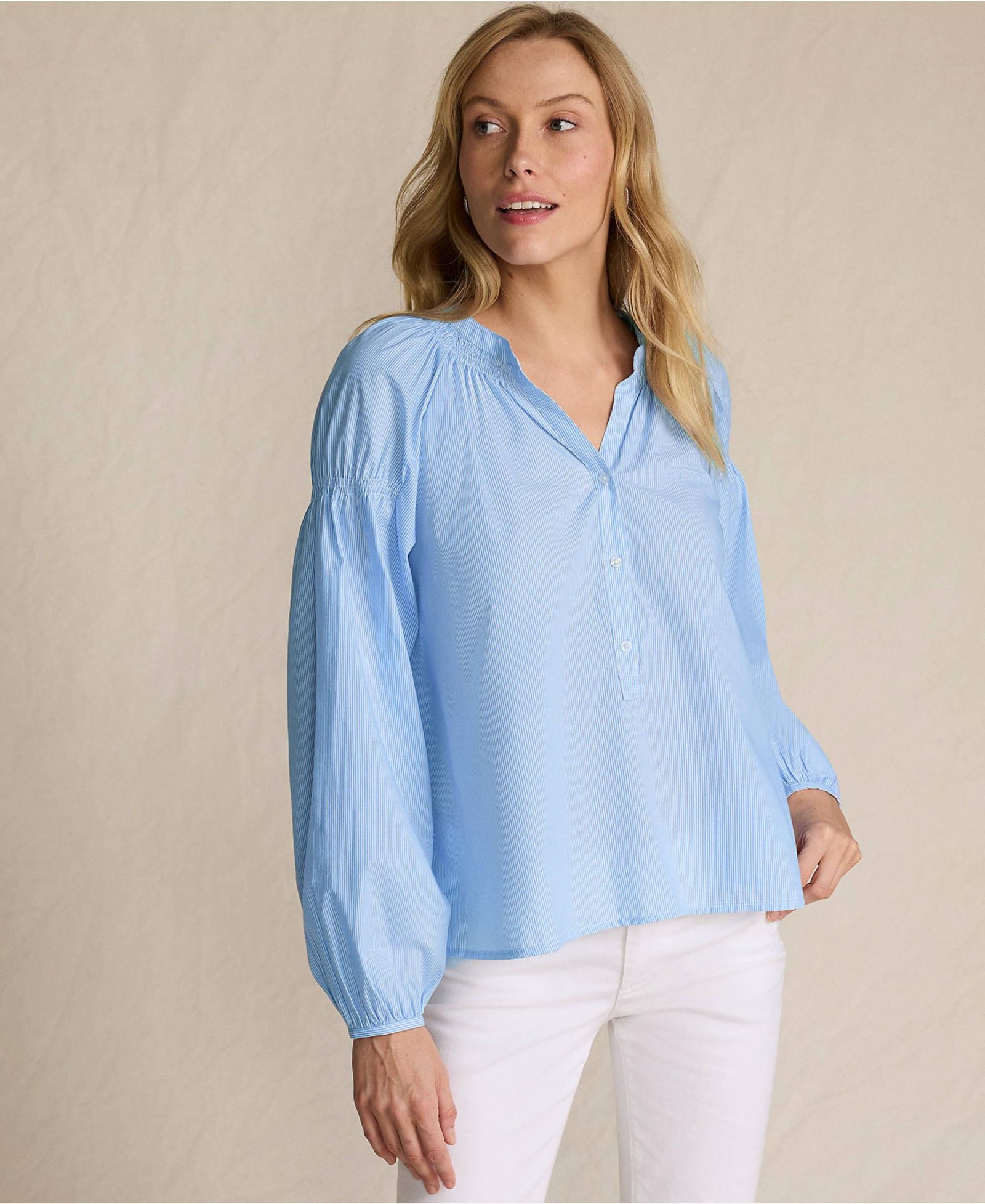 Lands' End Женский хлопковый топ с длинным рукавом Raglan Smocked