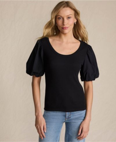 Lands' End Women's Petite Drapey Rib Puff Sleeve Scoop Neck Top
