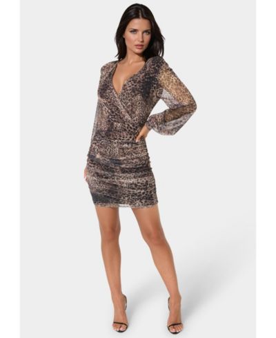 Bebe Women's Long Sleeve Faux Wrap Ruched Mini Dress