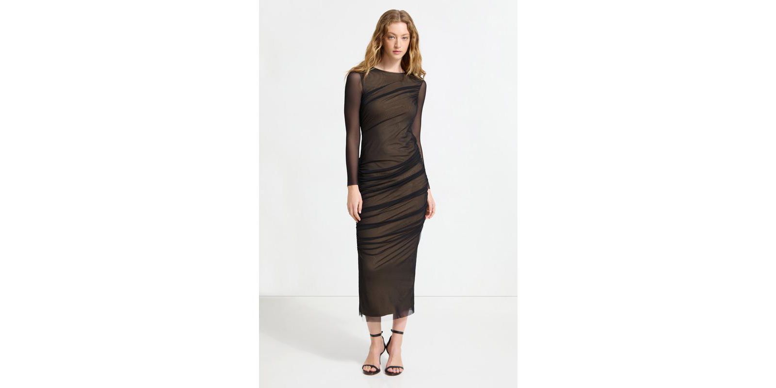 Marcella Women's Gia Floating Mesh-Overlay Long-Sleeve Fitted Cocktail Dress