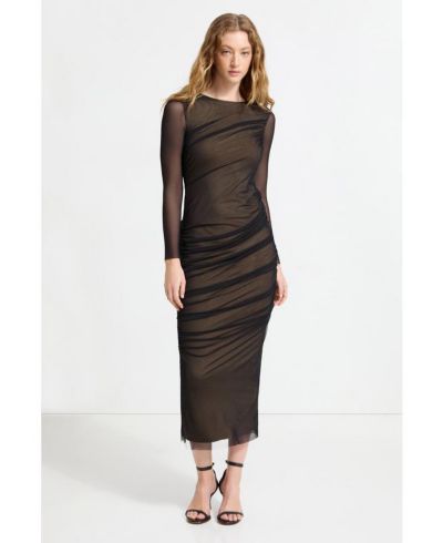 Marcella Women's Gia Floating Mesh-Overlay Long-Sleeve Fitted Cocktail Dress