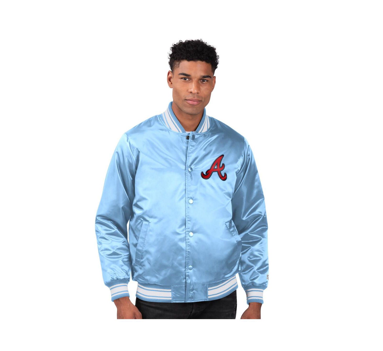 Starter Men's Light Blue Atlanta Braves Locker Room Satin Full-Snap Varsity Jacket