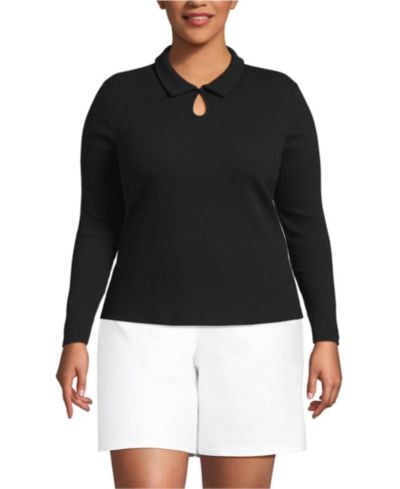 Lands' End Plus Size поло Топ Pointelle Rib Keyhole с длинным рукавом