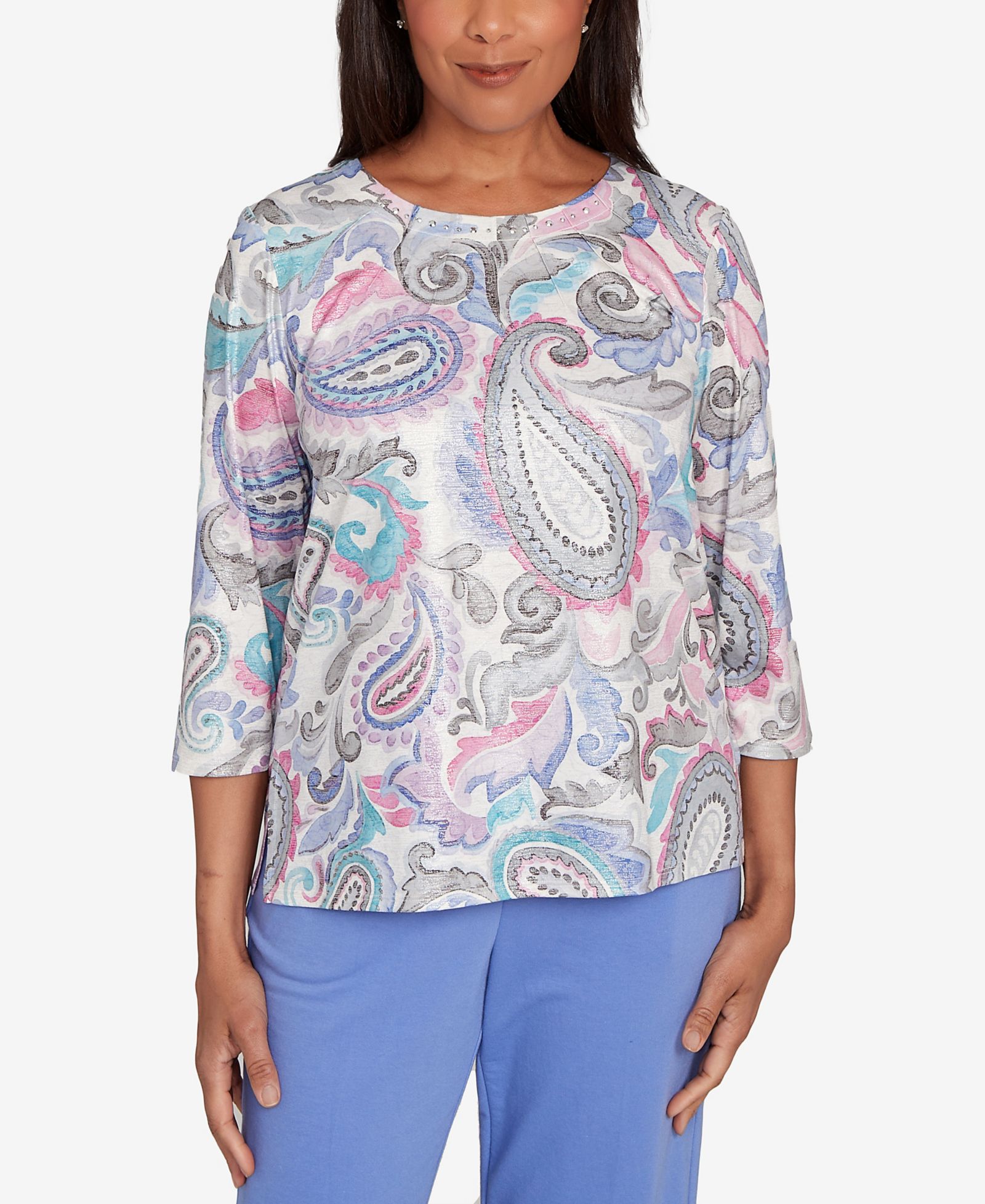 Alfred Dunner Women's Casual Vibe Pleated Paisley Crew Neck Top