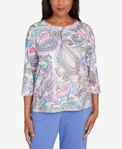 Alfred Dunner Women's Casual Vibe Pleated Paisley Crew Neck Top