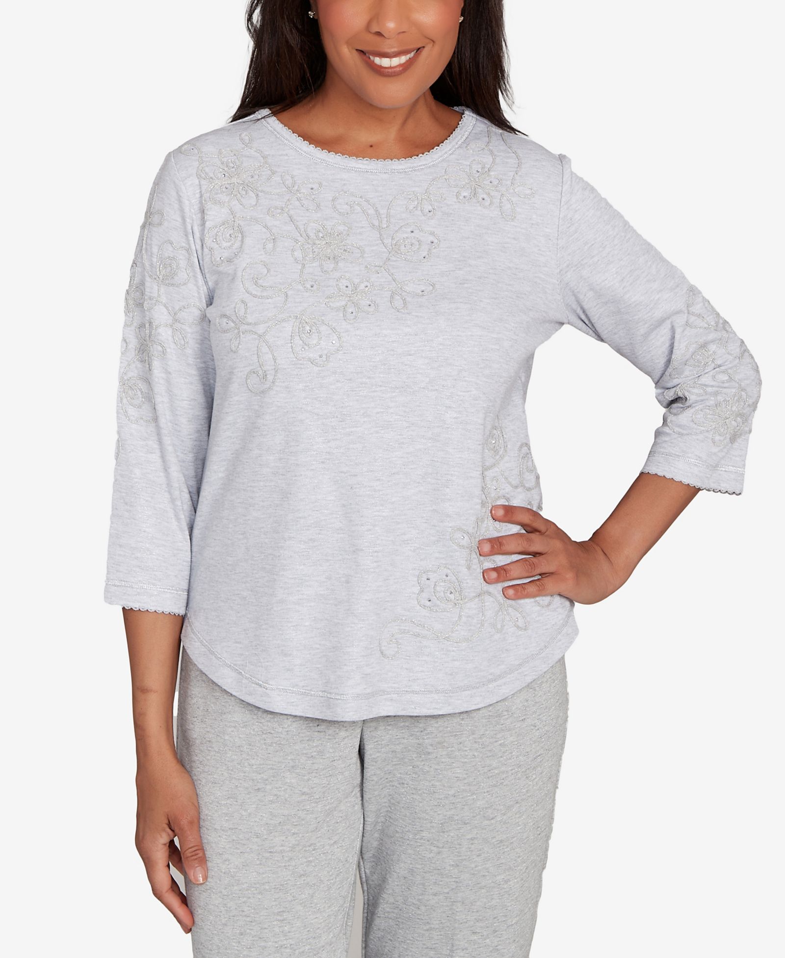 Alfred Dunner Women's Casual Vibe Asymmetrical Floral Embroidered Detail Top