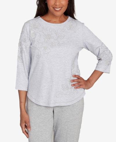Alfred Dunner Women's Casual Vibe Asymmetrical Floral Embroidered Detail Top