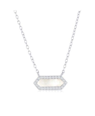 Sterling , Hexagon MOP, CZ Border Necklace