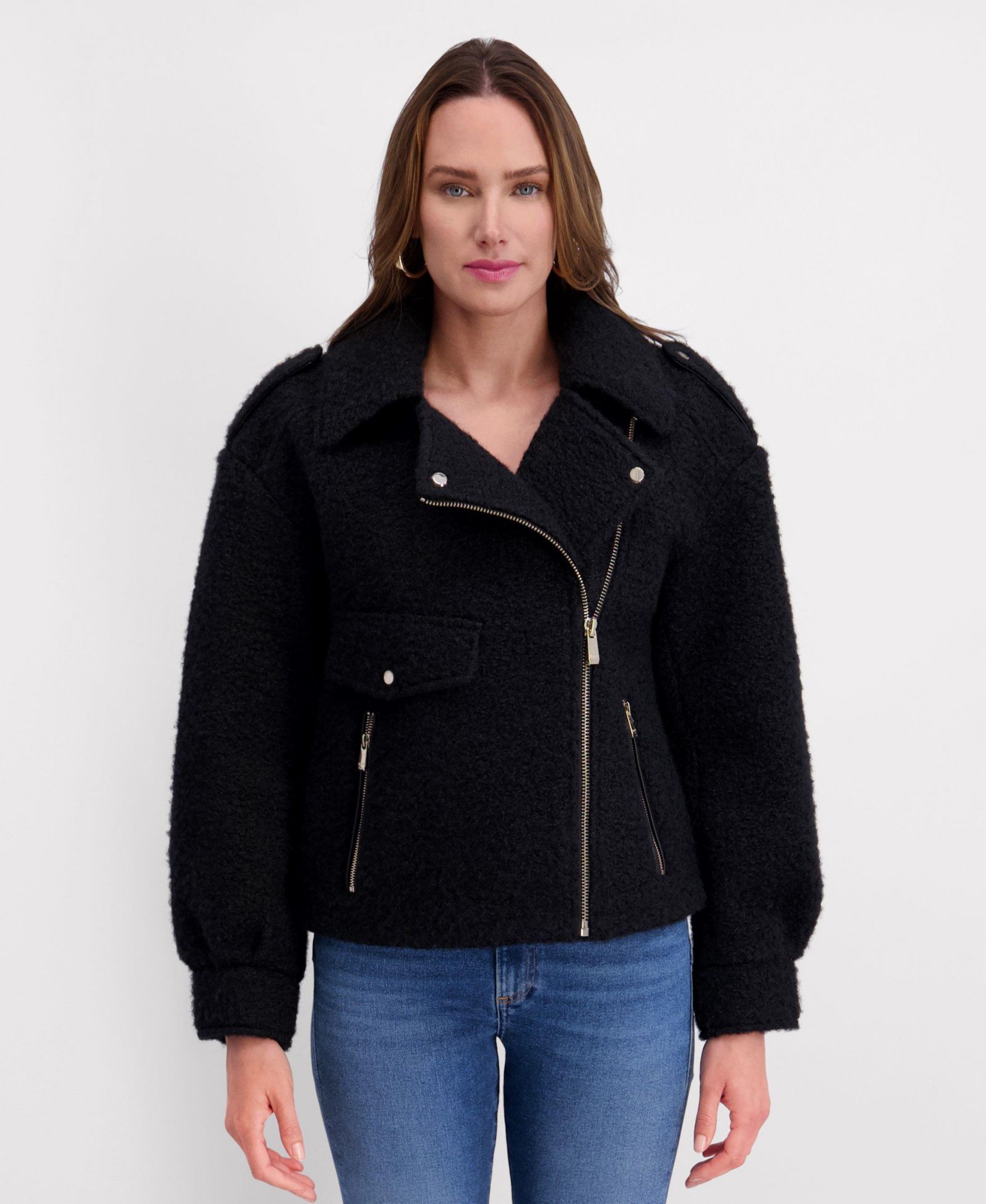 Kensie Short Boucle Asymmetrical Motorcycle Jacket
