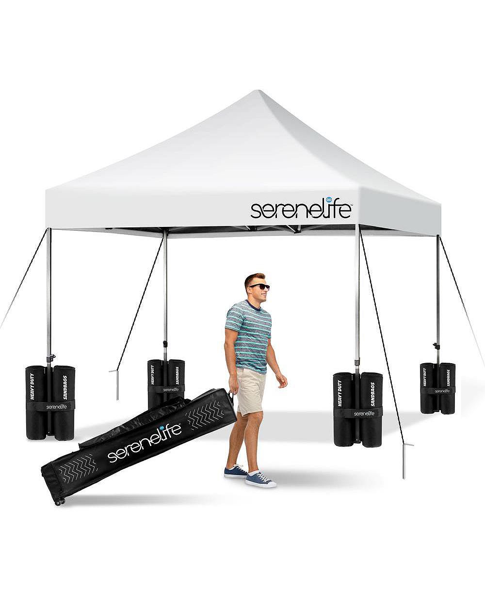 Pop Up Canopy Tent 10x10 - Commercial Instant Shelter Foldable/Collapsible Sun Shade Canopy Pop Up Tent w/Waterproof Tent Top, Portable Carry Bag & Sand Bag - SereneLife SLGZ10W (White)