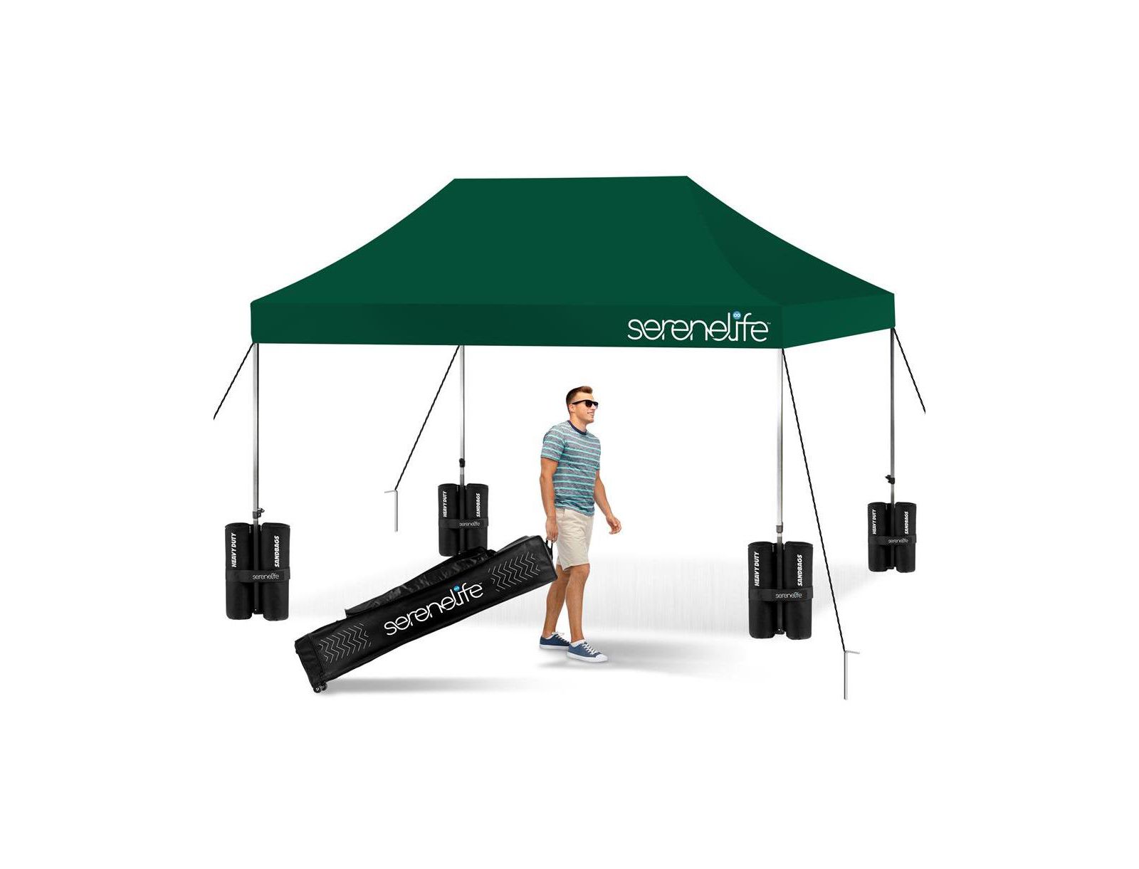 Pop Commercial Instant Shelter 10x15 ft Waterproof Polyester Tent Portable Wheeled Carry Sand Bag Forest Green