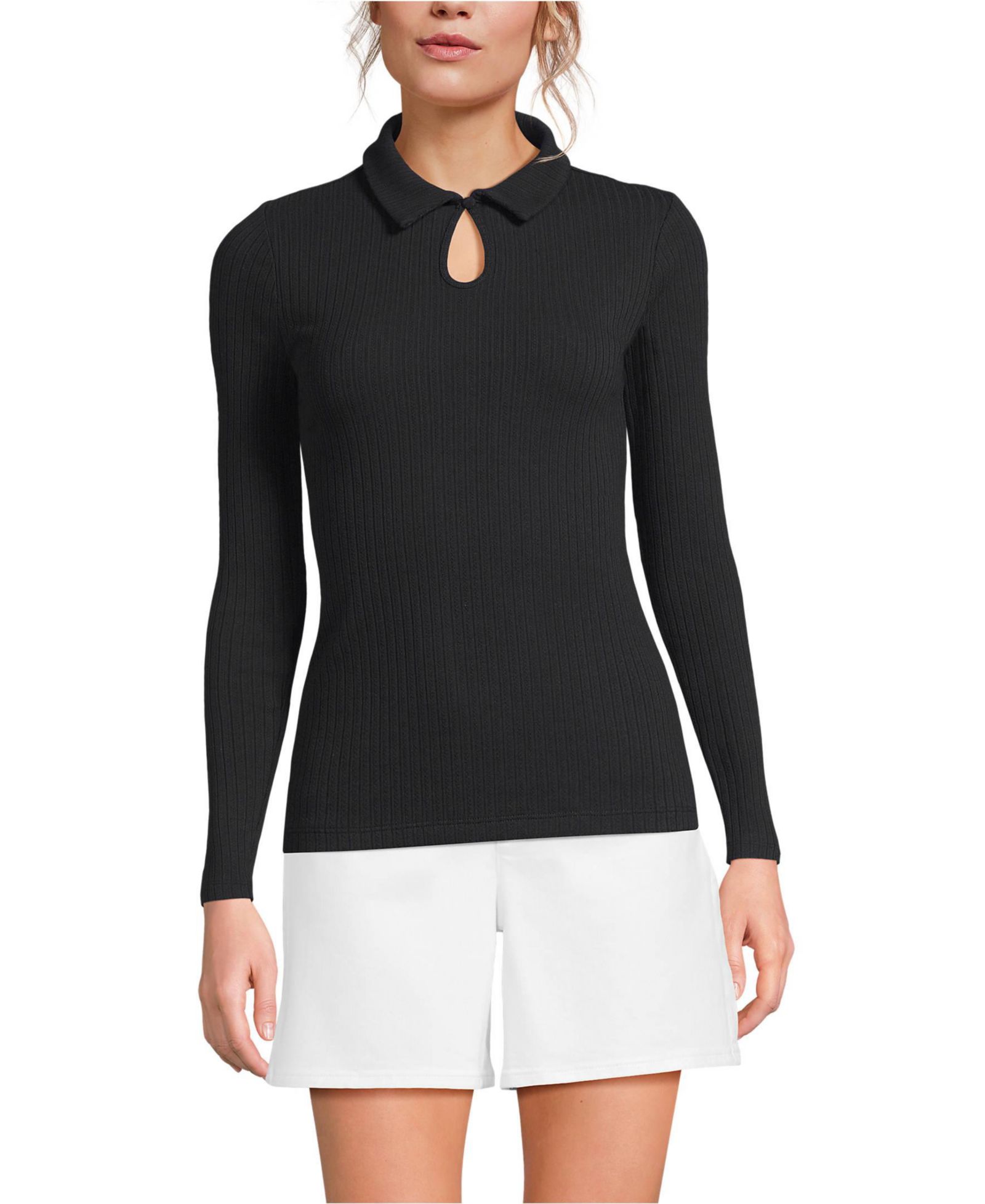 Женский топ Lands' End Long Sleeve Pointelle Rib Keyhole Polo