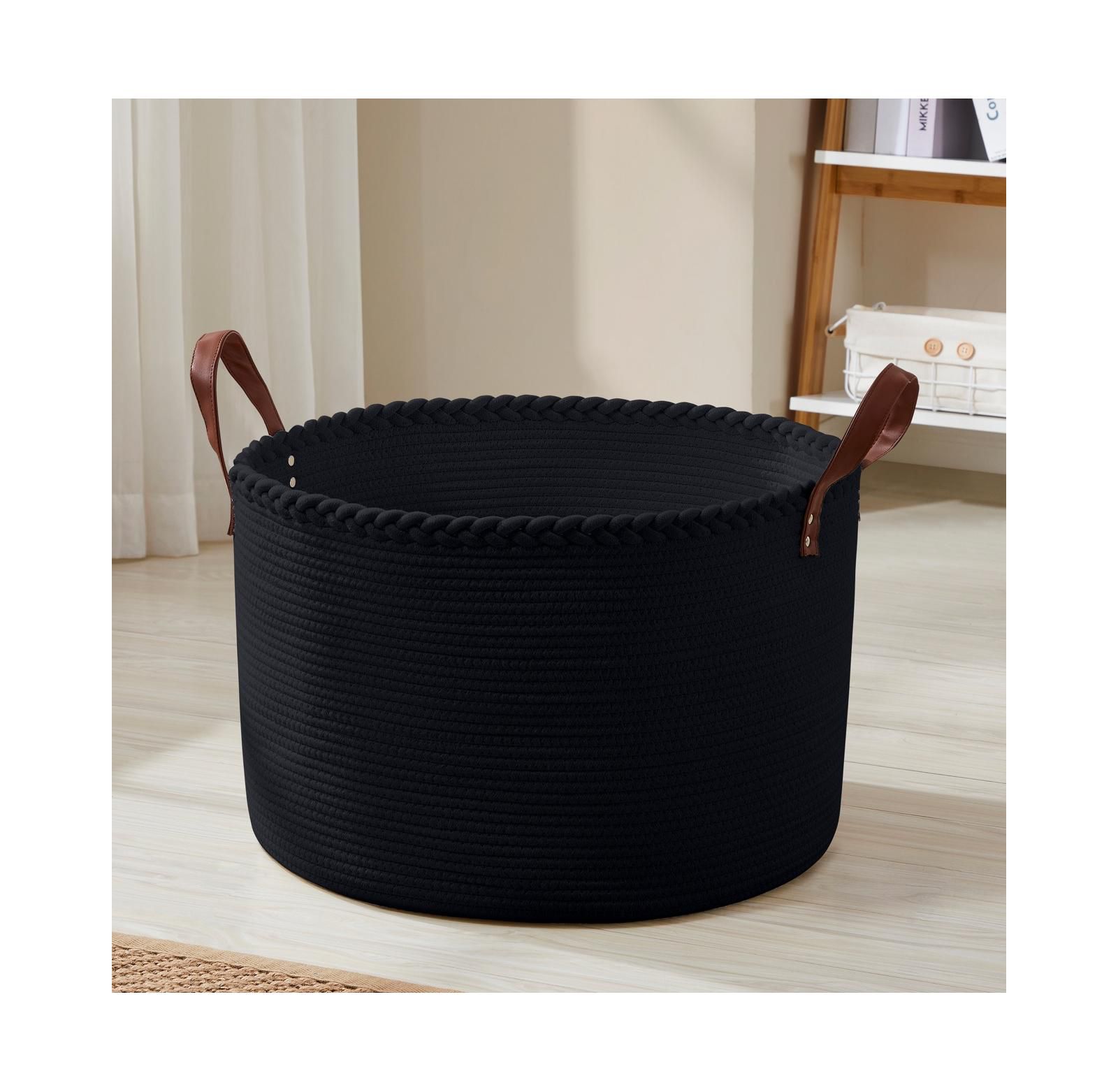 Ornavo Home 21" Large Round Cotton Rope Storage Basket Laundry Hamper with Faux Leather Handles