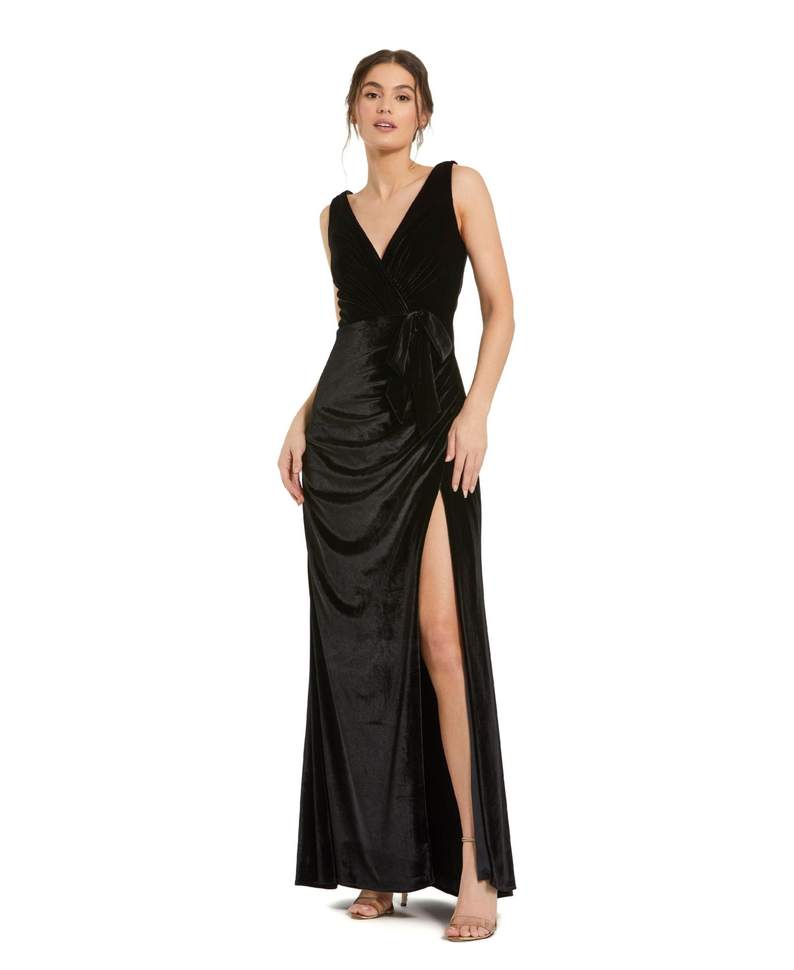 Женское вечернее платье Mac Duggal Deep V High Slit Draped Velvet Fitted Gown