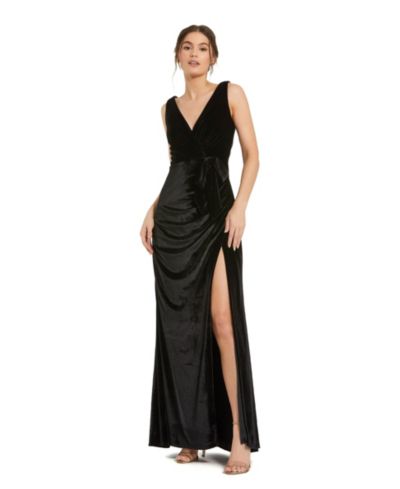 Женское вечернее платье Mac Duggal Deep V High Slit Draped Velvet Fitted Gown
