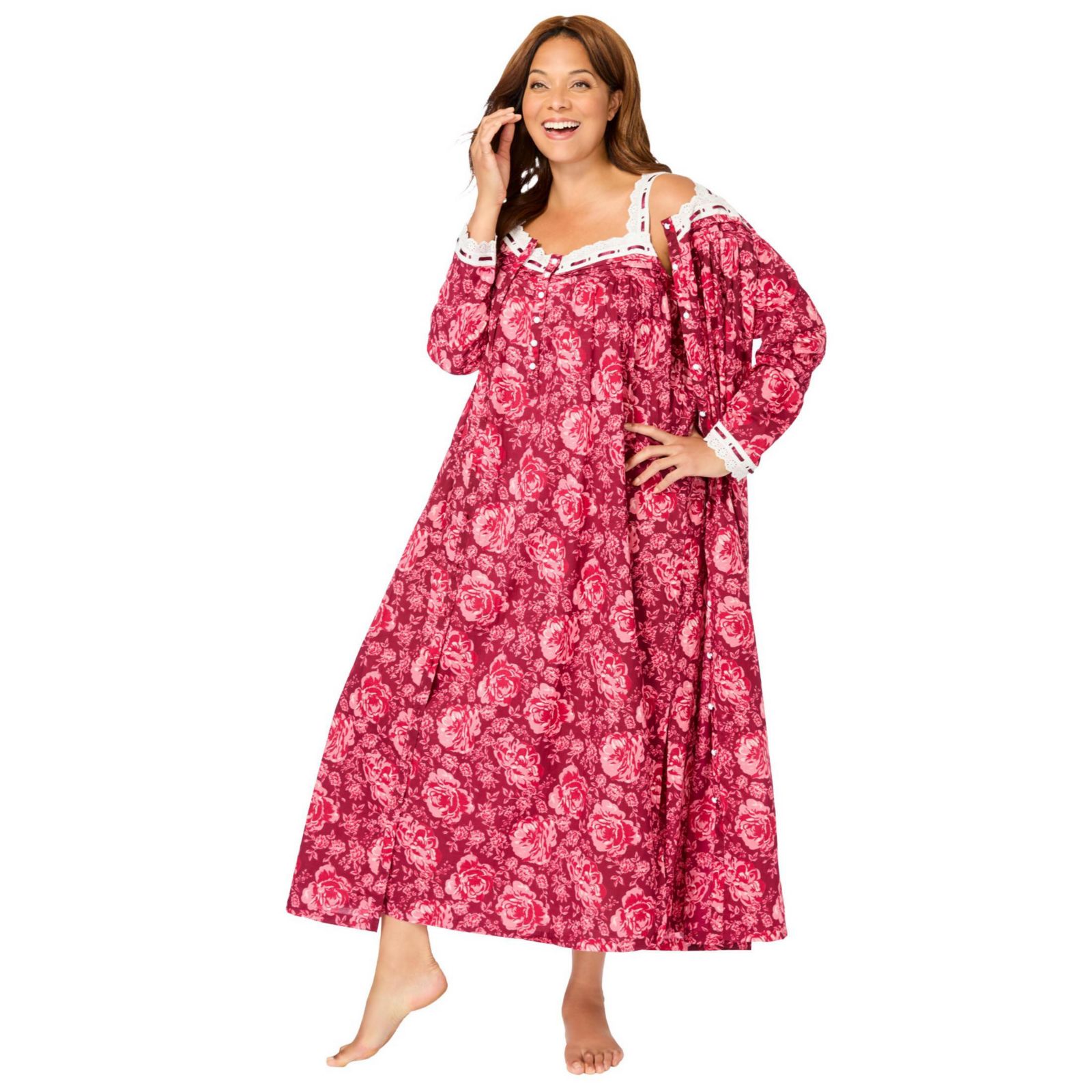 Only Neccessities Plus Size Only Necessities Long 2-Piece Cabbage-Rose Peignoir Set