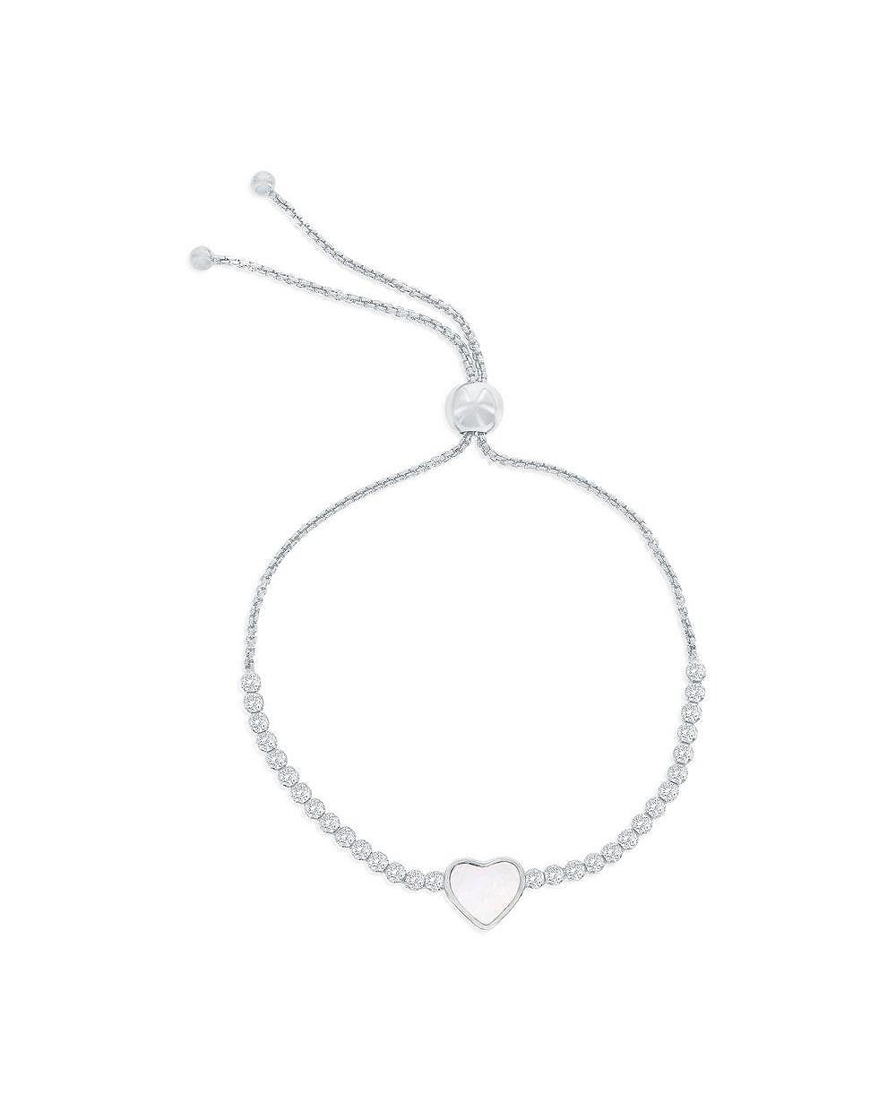 Sterling , Heart MOP Center, CZ Bolo Bracelet