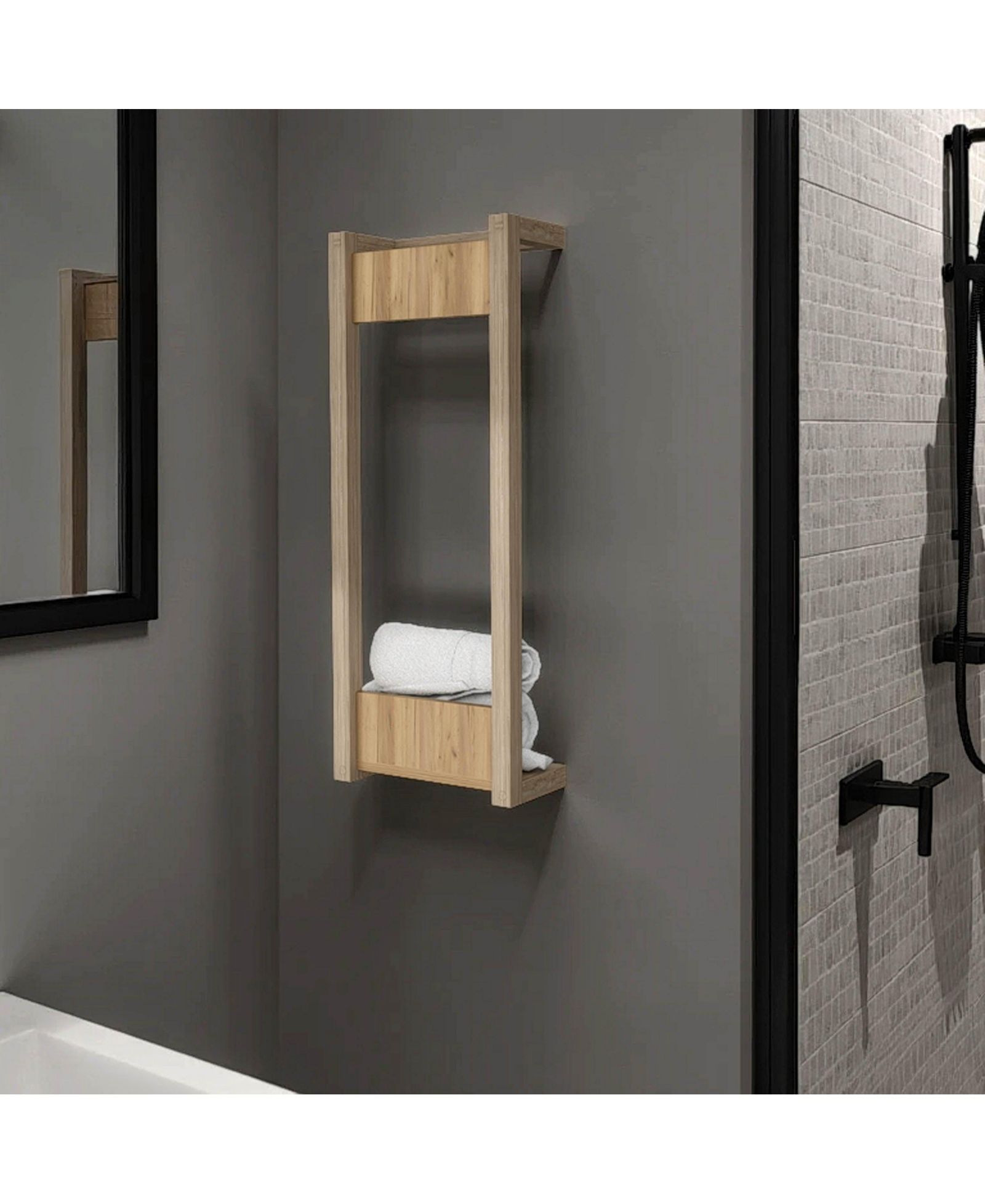 FM FURNITURE Washan Towel Rack, wall-mounted design, open vertical frame, integrated lower shelf for folded towels, sturdy and lightweight structure, Natural Oak